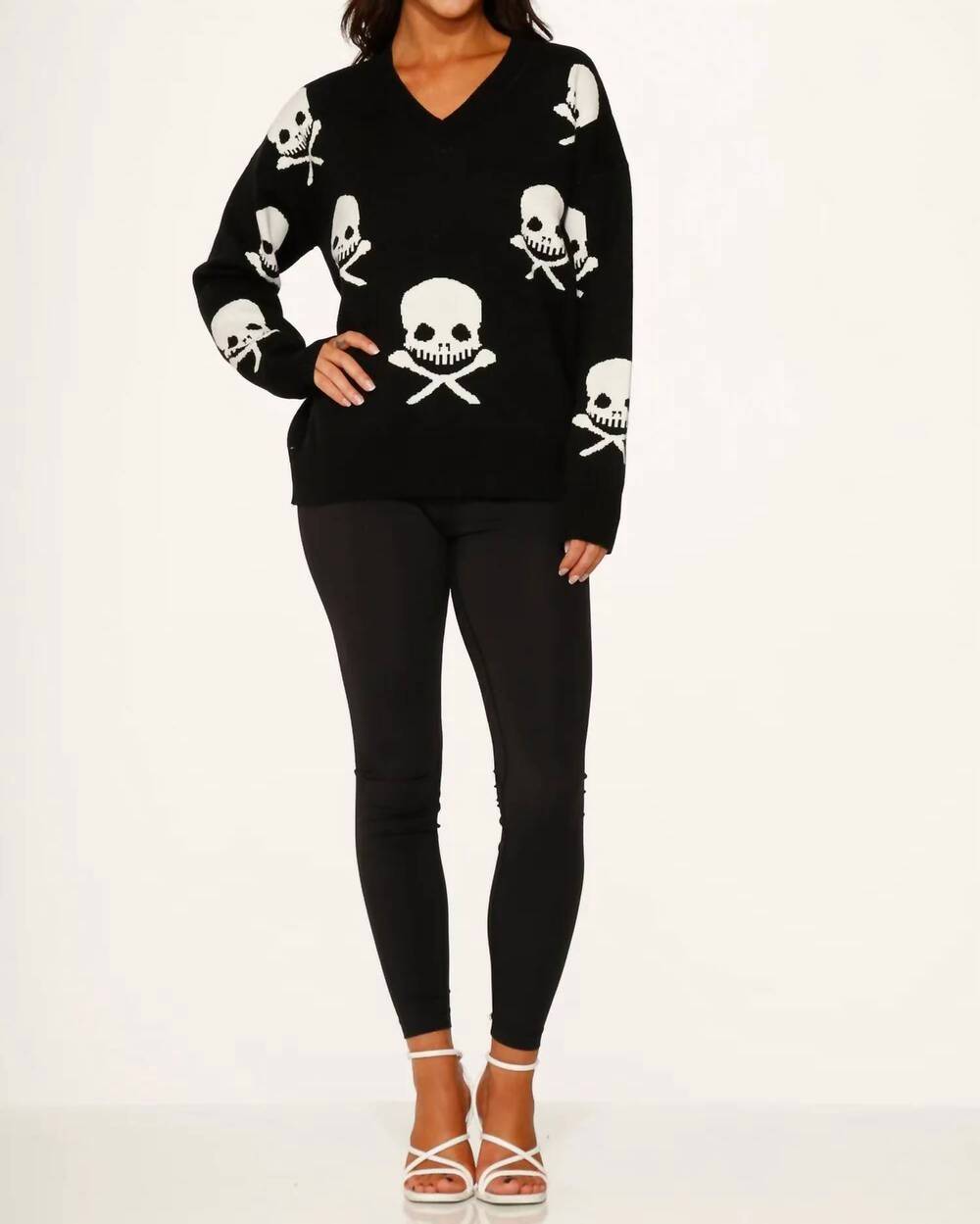 NEW ORCHID BLOOM skulls v-neck sweater in black